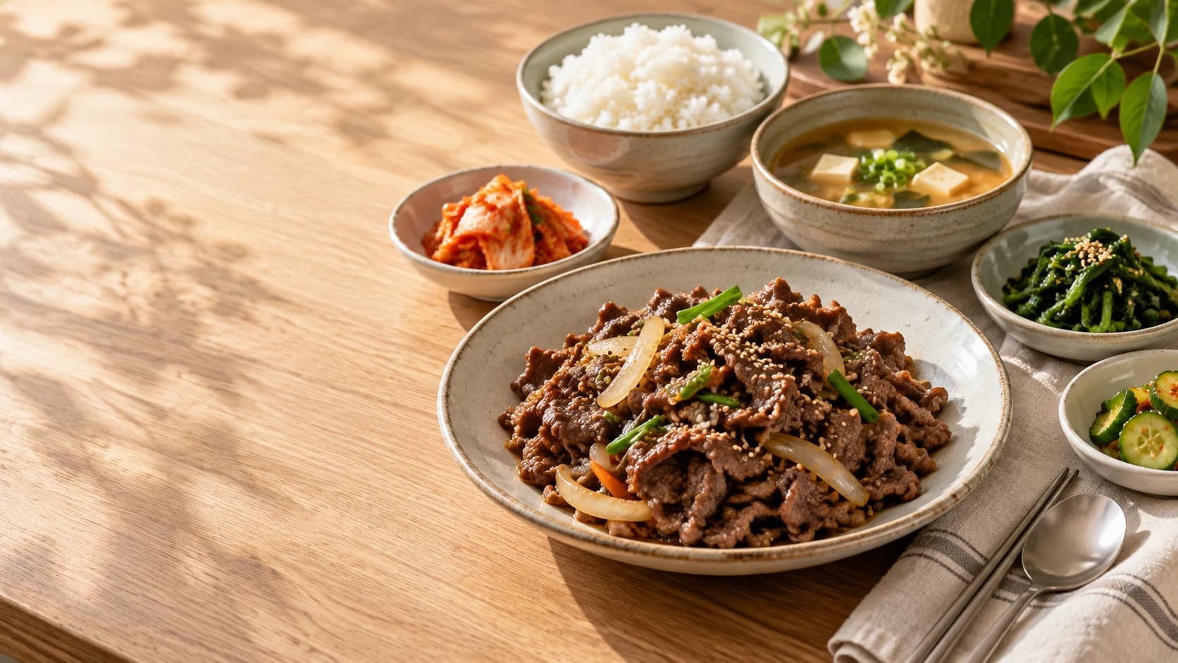 불고기와 밥, 국, 나물 반찬으로 구성한 한식