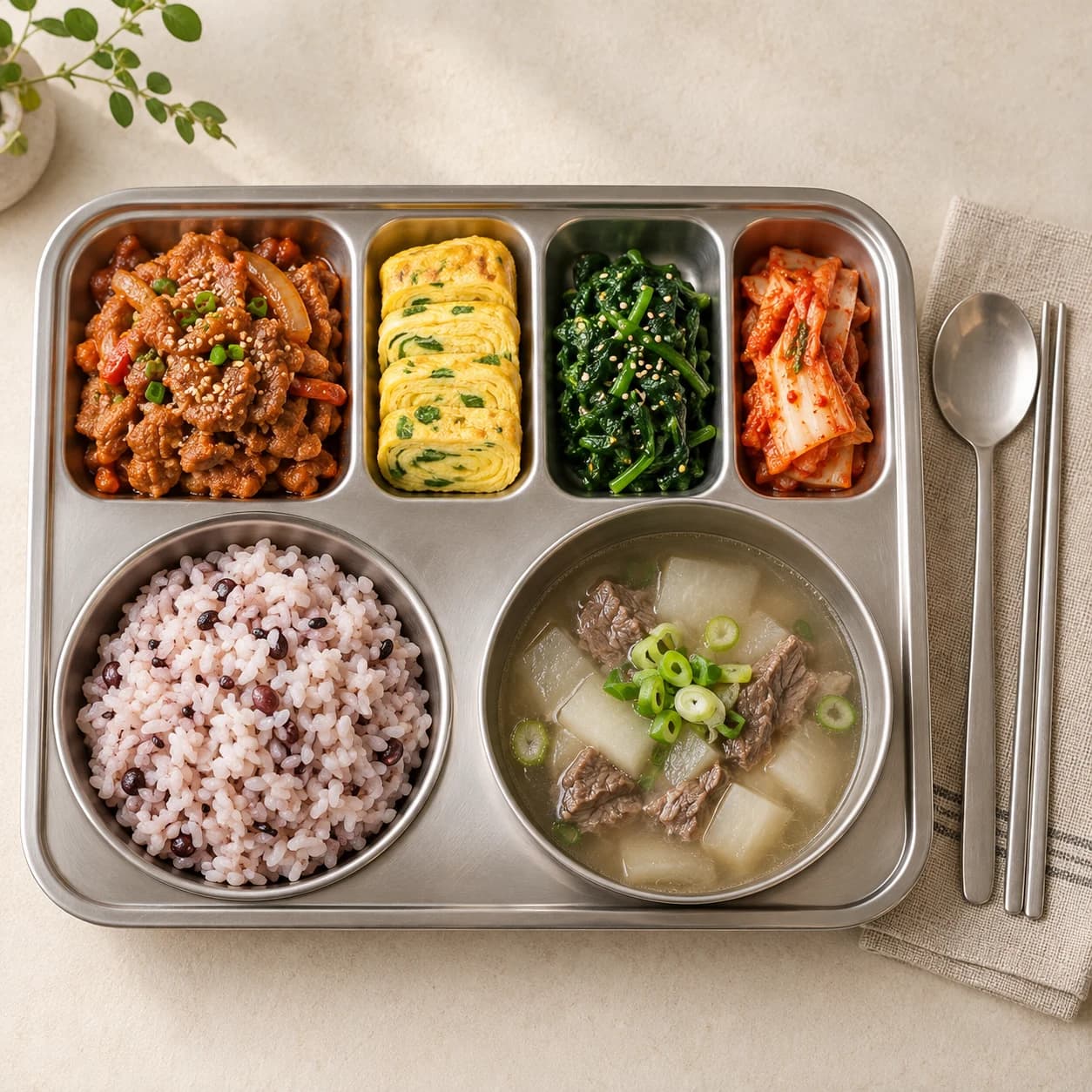 잡곡밥과 국, 제육볶음과 반찬을 담은 식판
