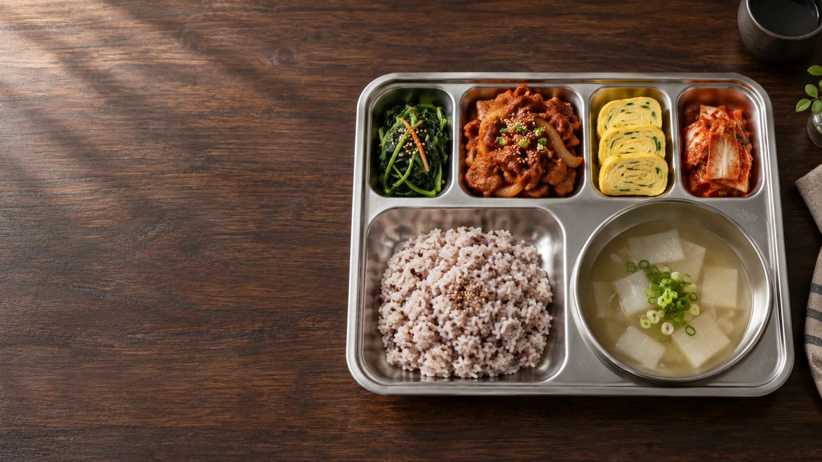 잡곡밥과 국, 제육볶음과 반찬을 담은 식판